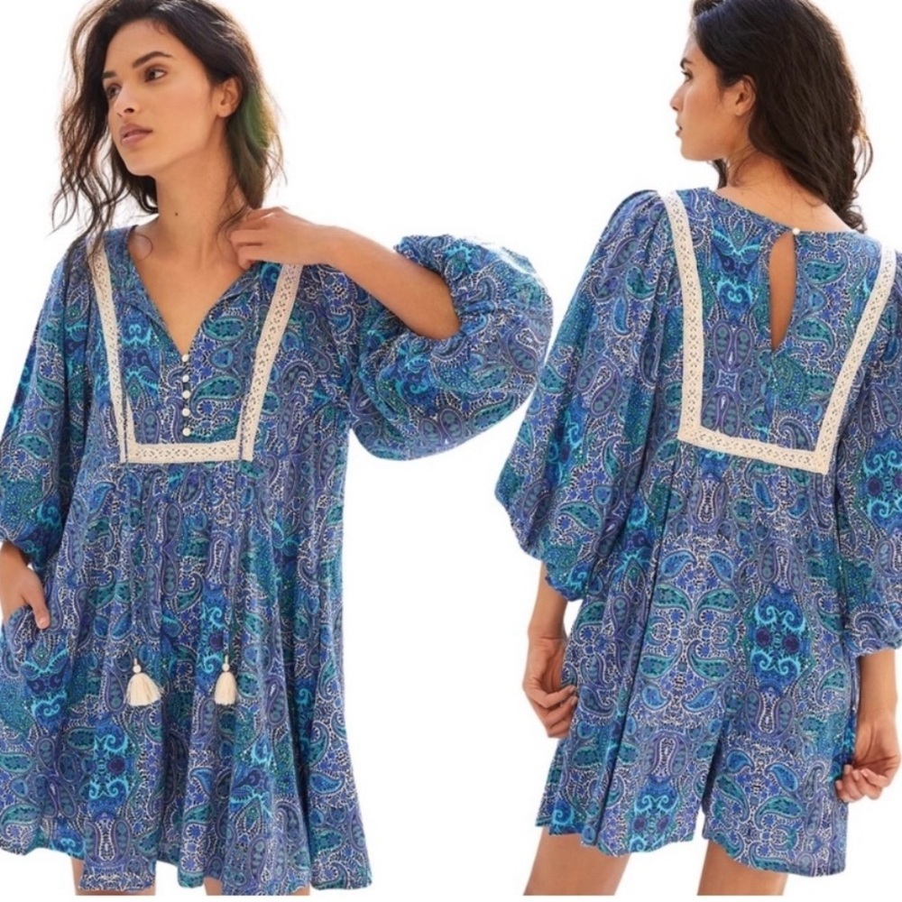 By Anthropologie Blue Motif Paisley Romper, Size Small